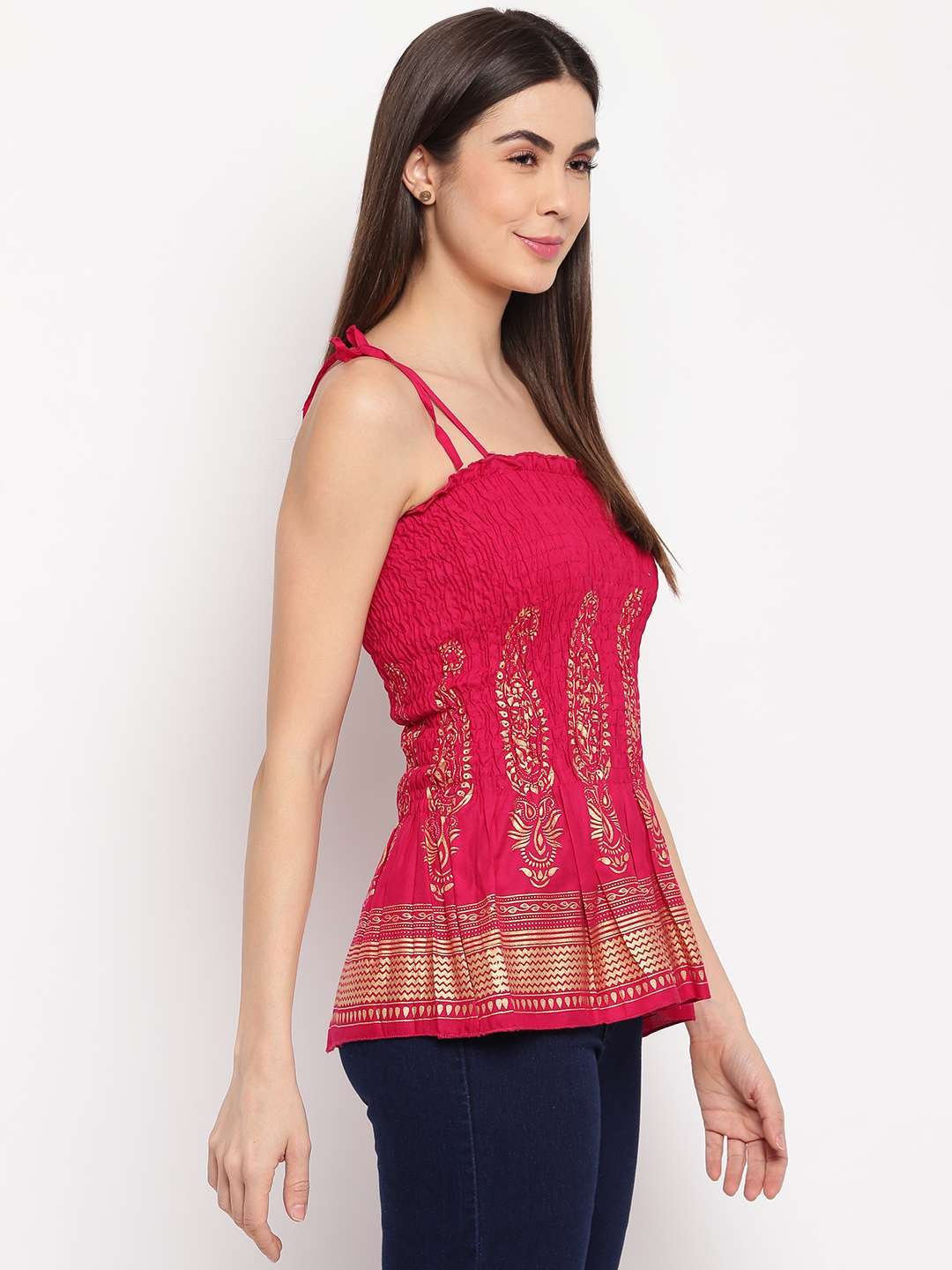 Women's Rayon Printed Casual Summer Style Tie Shoulder Straps Free Size Tank Top ( Maroon Gold Pattern)